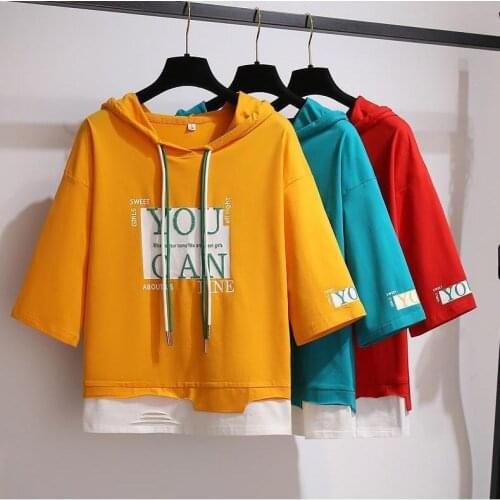100% Cotton Hoodie T Shirt Woman 2021 Summer O Neck Short Sleeve Shirt Woman T-shirt Loose Korean Style Plus Size Women Shirts