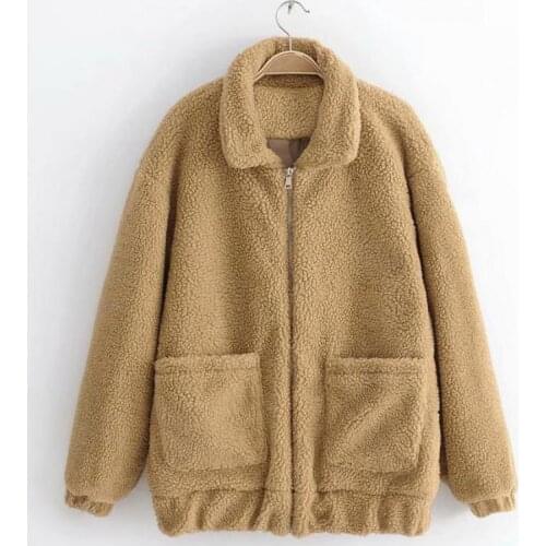 Elegant Faux Fur Coat Women 2020 Autumn Winter Thick Warm Soft Fleece Jacket Pocket Zipper Outerwear Overcoat Bear Teddy