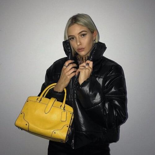 Womens Jacket Coats Winter Thick Parkas Women Y2K Vogue Black PU Leather Coat Women Elegant Zipper Cotton Jackets Female