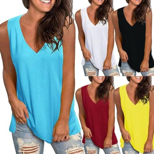 M-4xl Women Casual Summer Solid Color V Neck Sleeveless Loose Vest Blouse T-shirt
