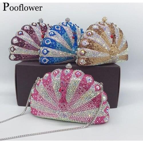 Pooflower Luxury Peacock Shape Clutch Bag for Women Diamond Evening Bags Designer Crystal Wedding Purse Chain Handbag ZH455