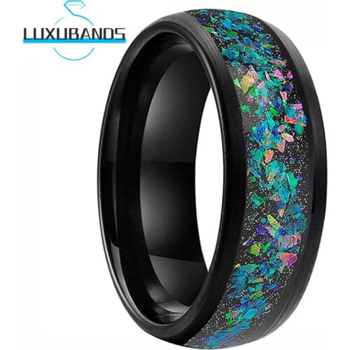 Womens Mens Wedding Rings 8MM Black Multicolor Opal Chip Inlay Engagement Domed Bands Brushed Finished Comfort Fit