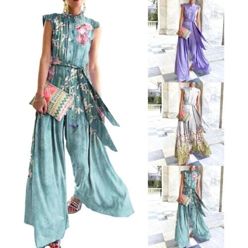 80% Dropshipping!!Office Lady Jumpsuit Floral Print Stand Collar Women Wide Leg Belted Patchwork Romper for Party