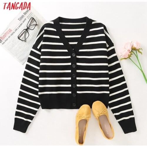 Tangada Women Striped Crop Cardigan Vintage Jumper Short Style 2021 Knitted Cardigan Coat AN26