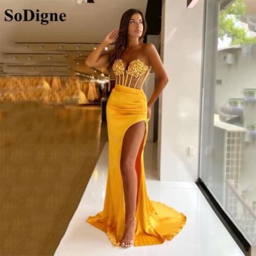 SoDigne Women Party Dress Sexy Sweetheart High Side Split Lace Evening Dresses Long Luxury 2021 Prom Gown vestidos de noche