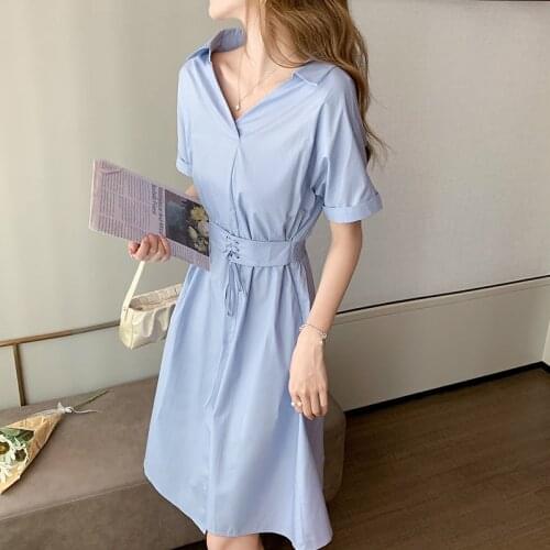 WomenS 2021 Summer New Style Korean Fashion Fashion Waist Thin Irregular Shirt Skirt Elegant V-Neck Short-Sleeved Dress