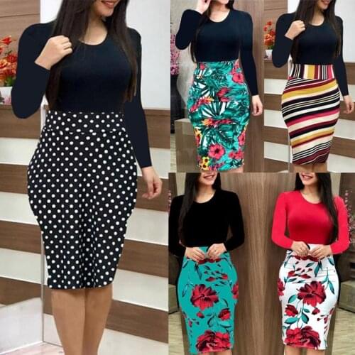 Womens Oversized 5XL Bodycon Dress Spring Floral Dot Print Patchwork Mid Length Party Dresses Long Sleeve Vestidos Mujer Casual