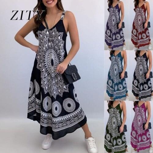 ZITY2021 Summer Ladies Dress Bohemian Sexy V-neck Printed Strapless Sling Long Skirt Casual Loose High Waist Holiday Beach Skirt
