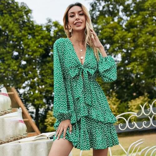 2021 Spring New Womens V-neck A-line Skirt High Waist Green Polka Dot Chiffon Dress Sexy and Casual