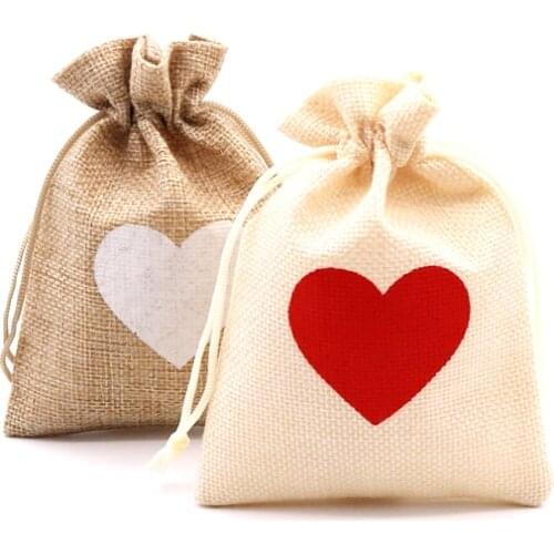 Wholesale 50pcs/lot 10*14cm Heart Pattern Cotton Bag Jute Fabric Little Sachets Drawstring Jewelry Storage Bags Custom Logo