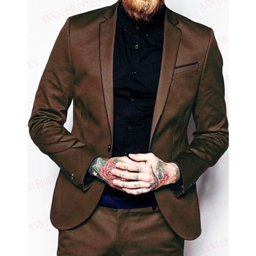 ANNIEBRITNEY 2019 Fashion Brown Satin Italian Men Suit Set Prom Party Wedding Tuxedos Slim Fit Groom Suits Custom Blazer Pants