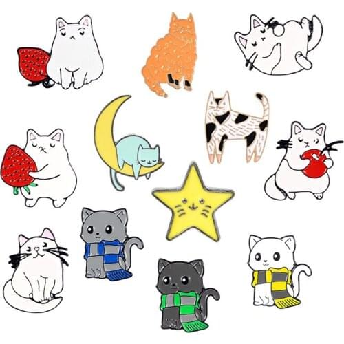 Strawberry Cherry cat Enamel Brooch Scarf kitten Stars, moon cats sleep Lapel Pin Cute animal Badge Gifts for kids
