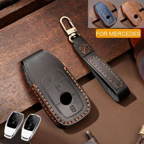 For Mercedes Benz 2018up Accessories Real Retro Leather Car Smart Remote Key Fob Case Full Cover Holder Shell Skin Keychain