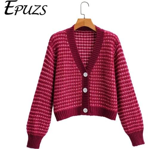 Vintage Women Cardigan Sweater Fashion Slim Long Sleeve V-Neck Plaid Button Knitted Sweater Casual Loose Chic Tops 2020 New