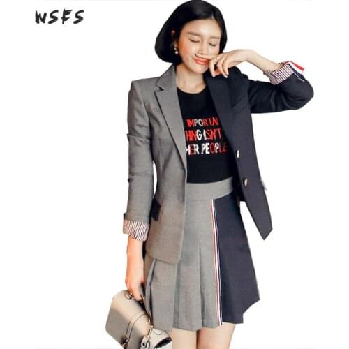 2 Pieces Set Spring Gray Navy Business Womens Coat Suit Jacket Button Short Mini Pleated Skirts Elegant Work Office Ladies Suits