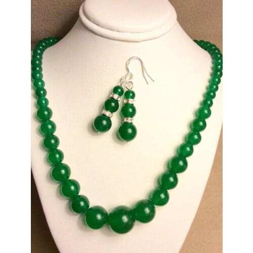 6-14 mm Natural Green Round Beads Necklace + Earrings Set 18" AAA