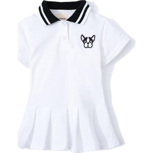 Summer New Toddler Girl Dresses Polo Collar College Style Dress Girls Cotton Short Sleeve Dog Embroidery Pleated Dress Vestidos