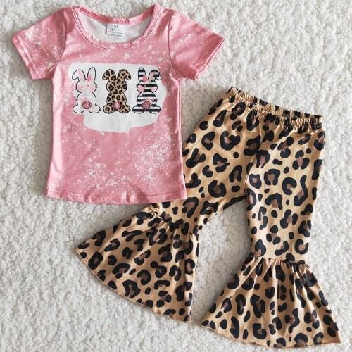 Fashion Girls Clothing Set Hot Sale Kids Designer Clothes Short Sleeve Top Leopard Bell Bottom Pants Easter Boutique Kids Clothe