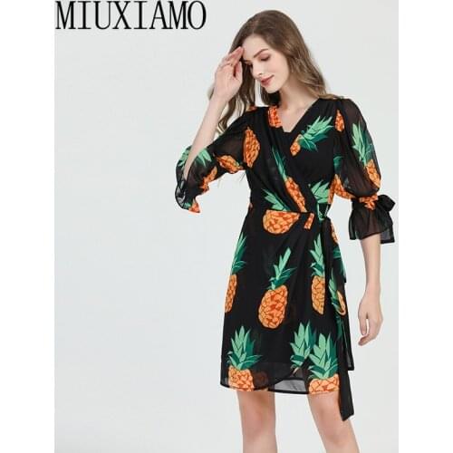 MIUXIMAO High Quality 2020 Runway Designer Spring Dress Pineapple Print Elegant Casual beach dress Casual Dress Women vestidos