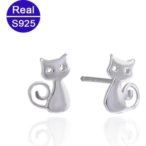 Fashion Simple Cute Solid 925 Silver Cat Earrings Fine Jewelry New Year Gift Womens Small Earrings Wholesale