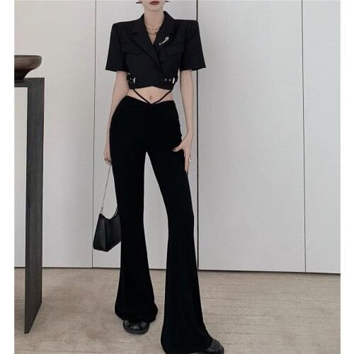 Fashion Black 2-piece Suit Women Street Cool Girl Blazers Crop Tops + Drawstring V-waist Flare Pants Sets Woman 2021 New