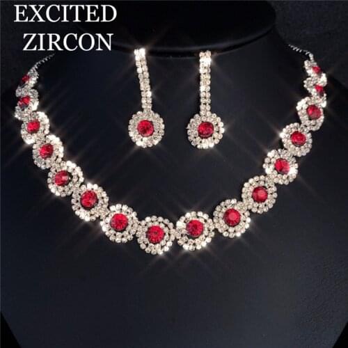 Sexy Charming Round Romantic Crystal Flower Rhinestone Necklace Earrings Set Fashion Luxury Crystal Wedding Jewelry Set