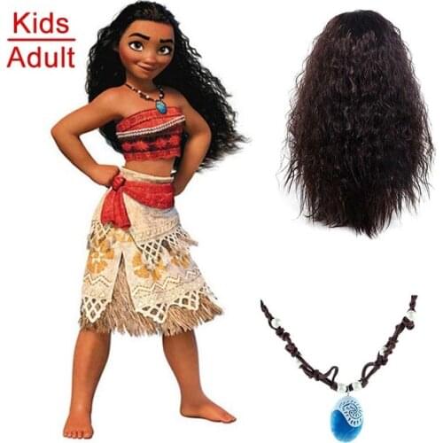 Adult Kids Princess Vaiana Moana Costume Dresses with Necklace Wig Women Girls Halloween Party Moana Dress Costumes Cosplay