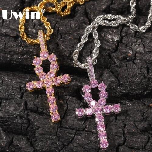 UWIN Women Ankh Cross Pendant PINK Iced Cubic Zirconia Stones Gold Silver Color Necklace Colored Fashion Hiphop Jewelry