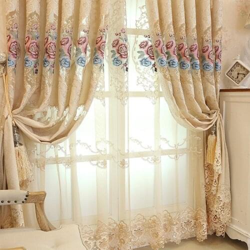 Luxury Curtain Hollow Chenille Valance Embroidered Tulle Window Yellow Blackout Curtains for Living Room Bedroom Kichen