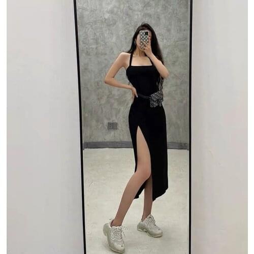 2021 Sexy Summer Halter Black Dress With Slit Design Slim Bag Hip Mid-length Dress 90s Sexy Dresses Party Night Club Dress
