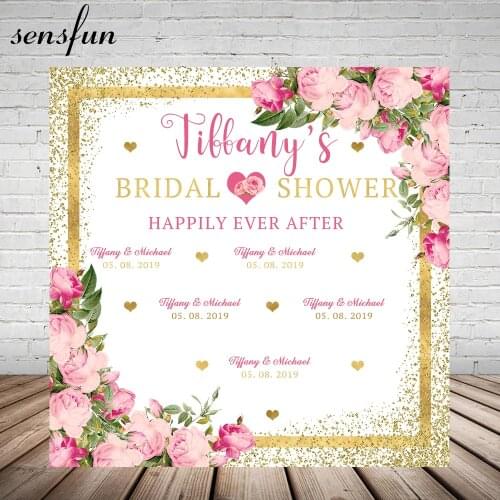 Sensfun Bridal Shower Photography Backgrounds Pink Flowers Gold Glitter Wedding Party Backdrops For Photo Studio Custom 10x10ft