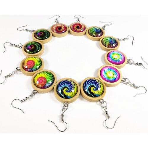 Jiangzimei 24pairs Black Log Wood Earring 20mm glass Cabochon Colorful Wave Vort national retro style Earrings wholesale