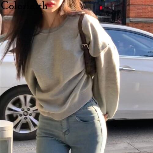 Colorfaith New 2021 Spring Autumn Women Sweatshirts Pullovers Oversized Fashionable Korean Pop Jumper Thicken Short Tops SS22821