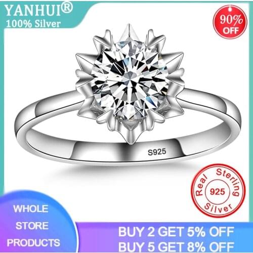 YANHUI Luxury Solitaire 1 Carat Lab Diamond Ring Real 925 Sterling Silver Jewelry Engagement Wedding Band Women Anniversary Gift
