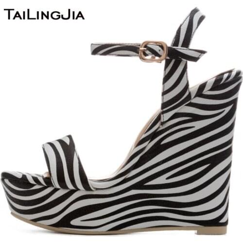 Zebra Wedge Heel Sandals Platform Shoes Women Buckle Strap PU Leather Open toe Large Size Ladies Elegant Wedges Party Shoes 2020