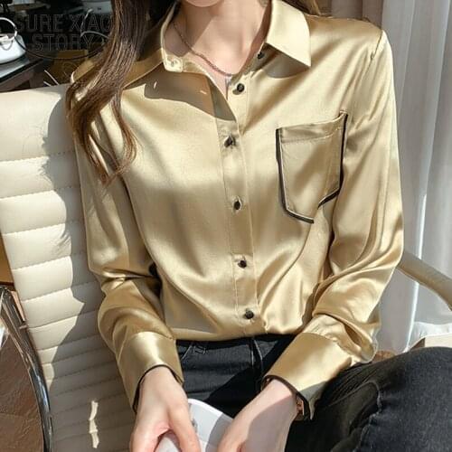 Korean Ladies Elegant Satin Silk Shirt Vintage Long Sleeve Professional Blouse Women 2021 New Fashion Chiffon Pocket Tops 12804