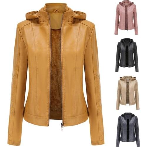 Womens Faux Leather Jacket Plush Lined with Removable Hoodied Autumn Winter Coat Outwear