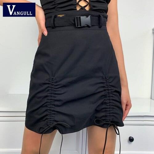 Vangull Solid Ruched High Waist Skirt Women Buckle Drawstring Belt Women Mini Skirt Summer Casual Party Club Straight Skirts