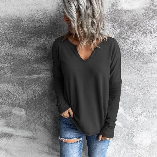 Womens Top Spring Autumn Solid Color V-Neck T-Shirts Long Sleeve T Shirts Womens Clothing 2021 Casual Loose Ropa Mujer Tops