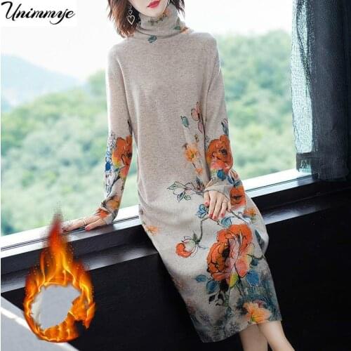2021 Autumn Winter Fashion Vintage Casual Floral Knit O-Neck Warm Sweater Dress 4XL Plus Size Bodycon Elegant Long Sweater Y427
