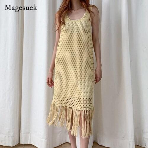 2021 Women Summer Hollow Crochet Design New Casual Knitted Dress Sleeveless Vest Camisole Dress Tassel Straight Dresses 15037