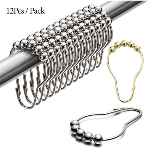 12 pcs Stainless Steel Curtain Hooks Bath Curtain Rollerball Shower Curtain Rings Hooks 5 Rollers Polished Satin Nickel Ball 35