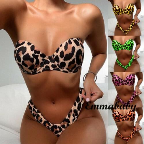 2020 Womens Leopard Strapless Push Up Bikini Set Leopard Padded Tube Bra Thong Swimwear Bathing Swimsuit 2Pcs/Set Beachwear