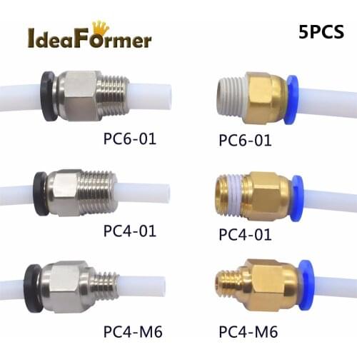 5pcs Pneumatic Connectors For 3D Printer Parts Black/Blue Quick Jointer Feeding 1.75/3.0mm Filament Pipe Push Part PTFE 2/4mm