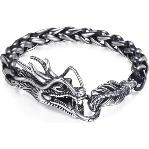 9mm Wide Animal Dragon Head Bracelet Braid Wheat Chain Link 316L Stainless Steel Bracelet for Men Boy Fashion Punk Jewelry HB450
