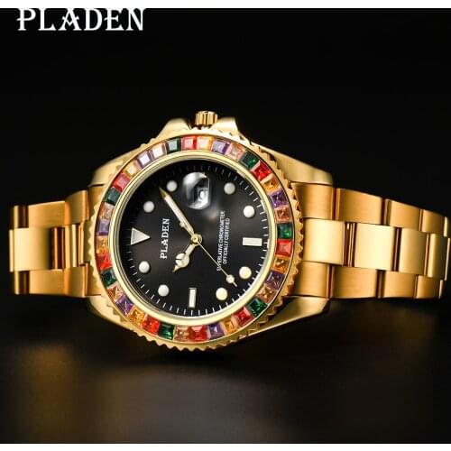 PLADEN Gold Mens Watches Candy-Colored Gem Bezel Sapphire Mirror Clock Luminous Hands Husband Thanksgiving Relogio Masculino