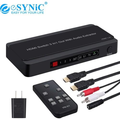 ESYNiC 3 Port HDMI-compatible Switch With Audio Extractor Converter Analog Optical Toslink SPDIF Output Support 4K 3D 1080P PIP