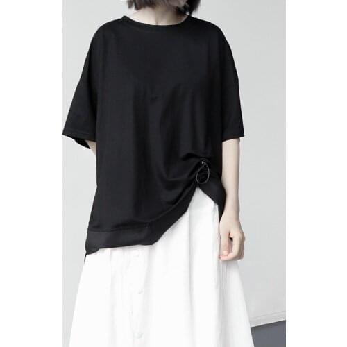 Ladies summer new Japanese line simple loose round collar short sleeve draw rope splice irregular casual T - shirt