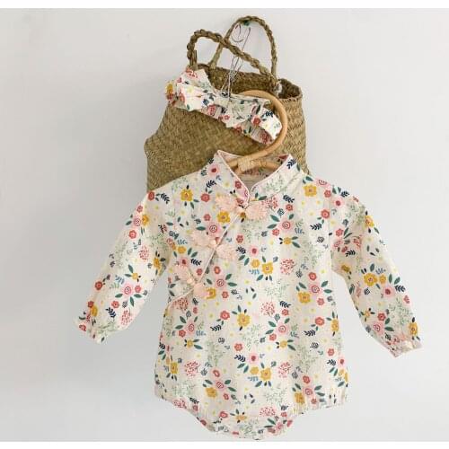 Summer Baby Girl Clothes Vintage Floral Chinese Style Long Sleeve Cheongsam Baby Bodysuit 0-24M New Cotton Overalls for Newborn