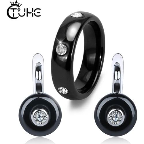 2019 Fashion 6mm Crystal Ceramic Women Jewelry Sets Clear CZ Finger Rings Earrings for Women Wedding Engagement Jewelry Gift